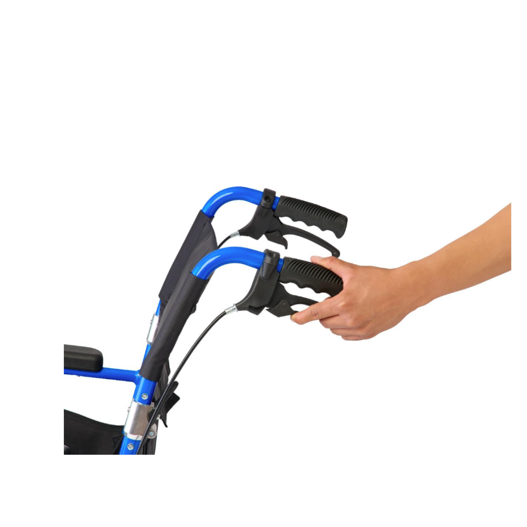 A hand grips and squeezes the black brake handle of the Medline Zero G Ultralite Transport Chair with padded handles and an aluminum frame, demonstrating use of its brake mechanism.