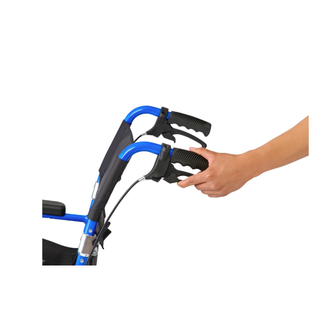 A hand squeezes the brake handle of a Medline Zero G Ultralite Transport Chair in blue and black with an aluminum frame, demonstrating its brake function.