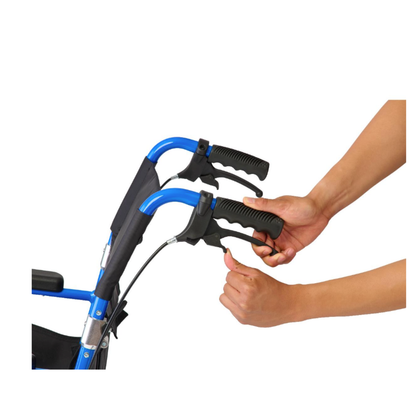 Two hands squeeze the black handles and brakes of the Medline Zero G Ultralite Transport Chair in blue, showing how to operate its brake mechanism.