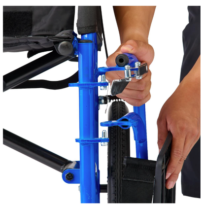 Close-up of hands adjusting the latch on a Medline Zero G Ultralite Transport Chair, showing its blue lightweight aluminum frame, wheel, and footrest.