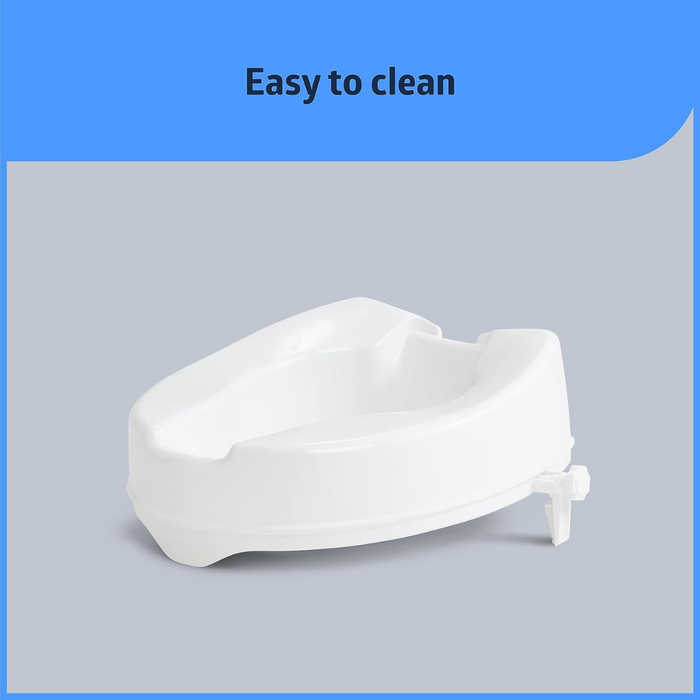 The Medline 4 Locking Raised Toilet Seat without Arms, shown against a light gray background, features a slip-resistant front-locking design. A blue banner at the top reads Easy to clean. Ideal for individuals with limited mobility.