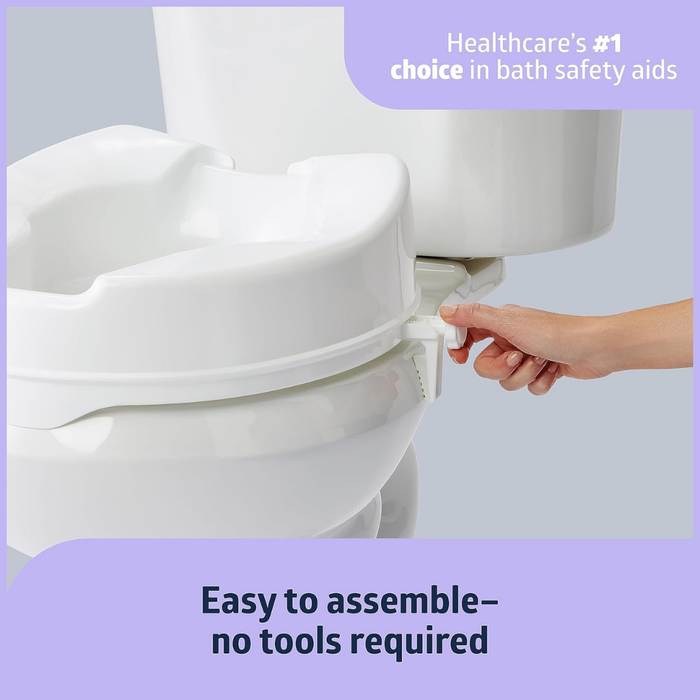 A hand attaches the Medline 4 Locking Raised Toilet Seat without Arms—features slip-resistant design and easy, tool-free assembly. Healthcares #1 choice in bath safety aids. Ideal for those with limited mobility.