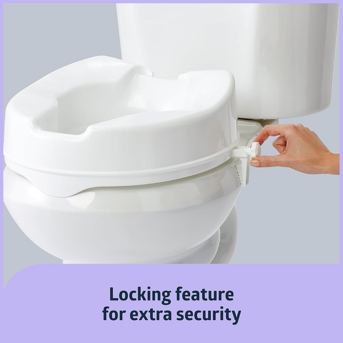 A hand secures the Medline 4 Locking Raised Toilet Seat without Arms onto a white toilet. Caption: Locking feature for extra security, emphasizing extra stability for users with limited mobility.
