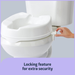 A hand secures the Medline 4 Locking Raised Toilet Seat without Arms onto a white toilet. Caption: Locking feature for extra security, emphasizing extra stability for users with limited mobility.