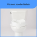 A Medline 4 Locking Raised Toilet Seat without Arms is securely attached to a standard white toilet. The slip-resistant, elevated seat is white, and a blue banner at the top reads Fits most standard toilets.