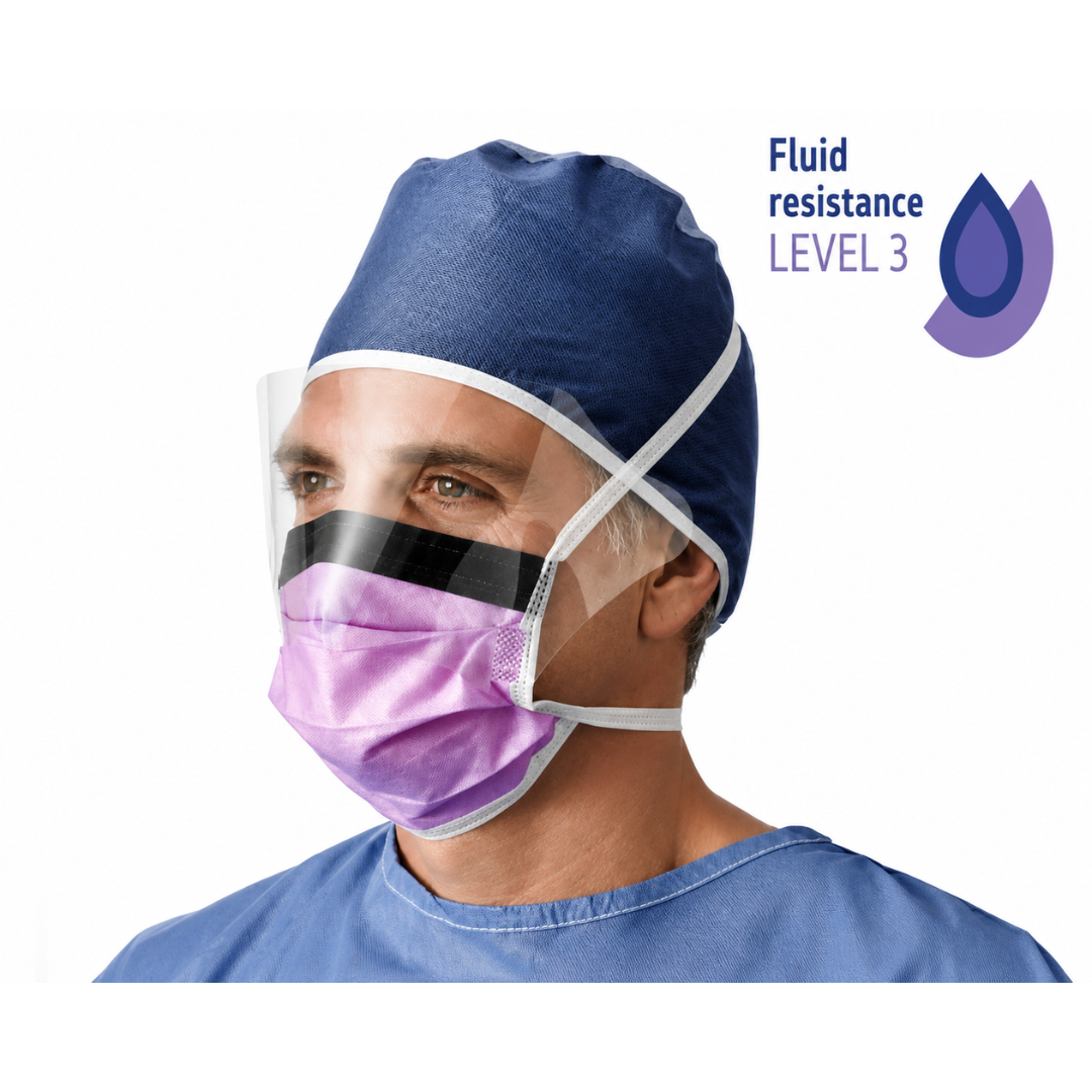 A person wears a Medline ASTM Level 3 Surgical Face Mask with Eye Shield, blue cap, and clear shield. Text reads "Fluid resistance LEVEL 3" beside a water droplet icon, emphasizing ASTM Level 3 protection.