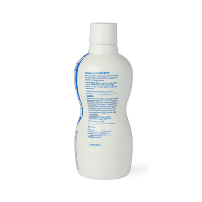 The back of a white Medline Active Liquid Protein Nutritional Supplement bottle with a blue label shows text instructions and warnings. The bottle has a white screw cap and is set against a plain white background.