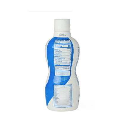 A curvy white bottle with a white cap and blue label displays Nutrition Facts and ingredients. It contains Medline Active Liquid Protein Nutritional Supplement with hydrolyzed collagen and whey protein.