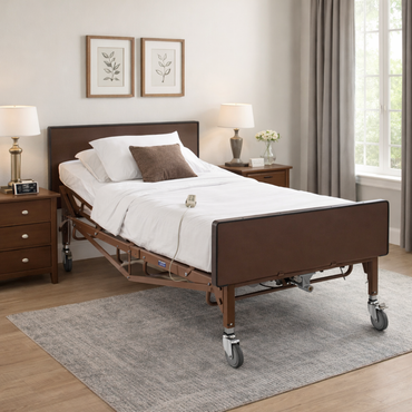 The Medline Bariatric Full Electric Homecare Bed with white bedding and a brown frame is placed in a bright bedroom with wooden furniture, lamps, framed art, and a large window with curtains.