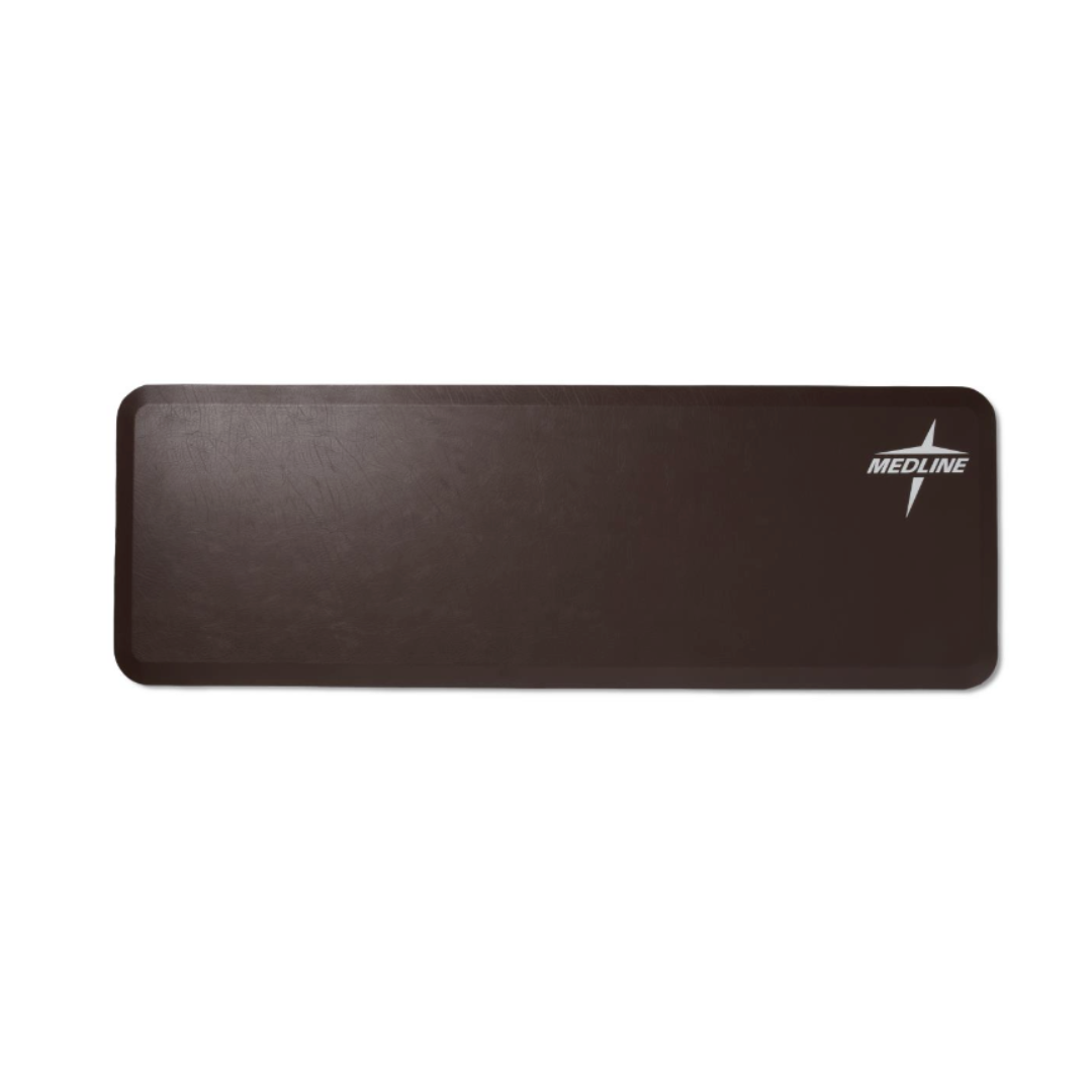 A rectangular, dark brown Medline Beveled Edge Bedside Fall Mat with rounded corners and a white Medline logo in the top right corner, shown on a plain white background—see the product description for full specifications.