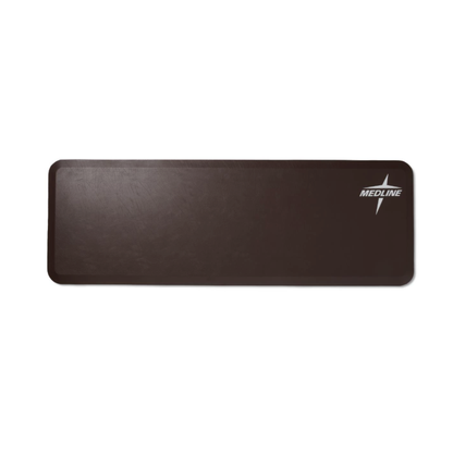 A rectangular, dark brown Medline Beveled Edge Bedside Fall Mat with rounded corners and a white Medline logo in the top right corner, shown on a plain white background—see the product description for full specifications.