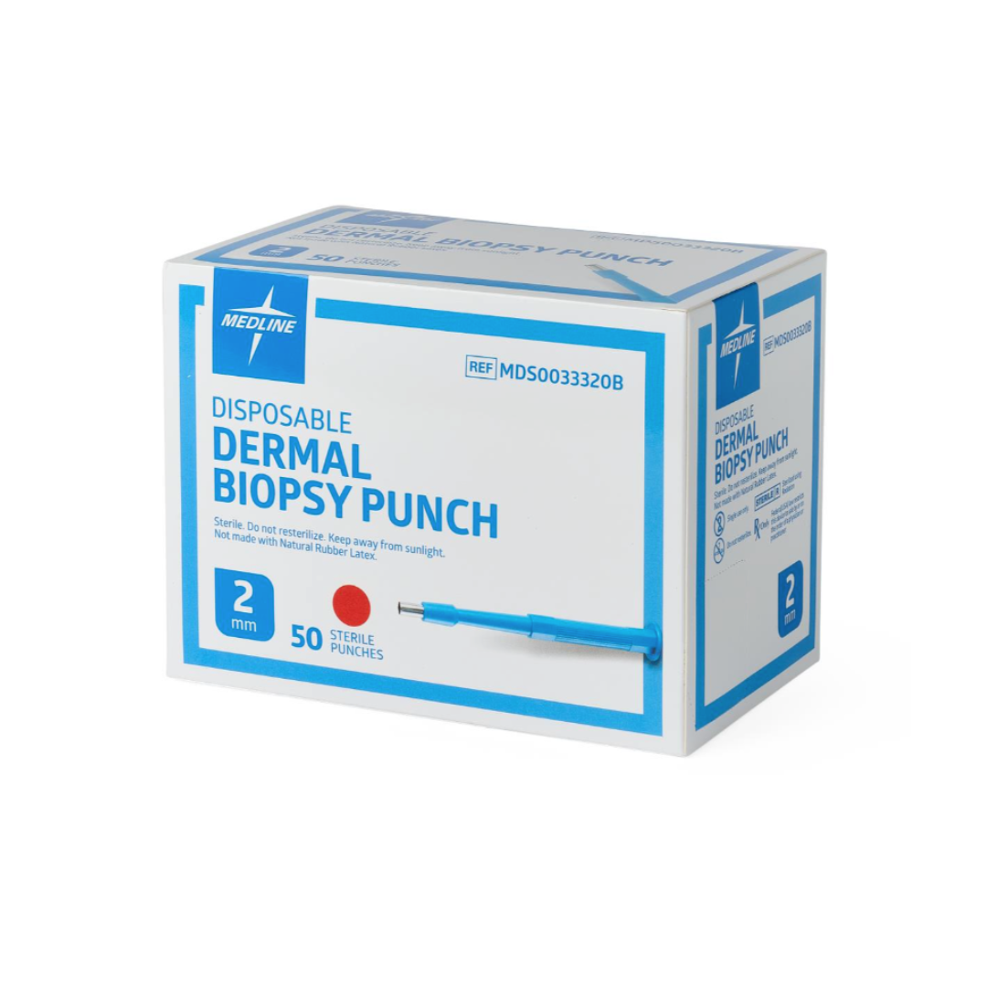 A white and blue box labeled "Medline Sterile Biopsy Punches" contains 50 sterile punches for tissue sampling, with an individual blue biopsy punch shown in front of the box.