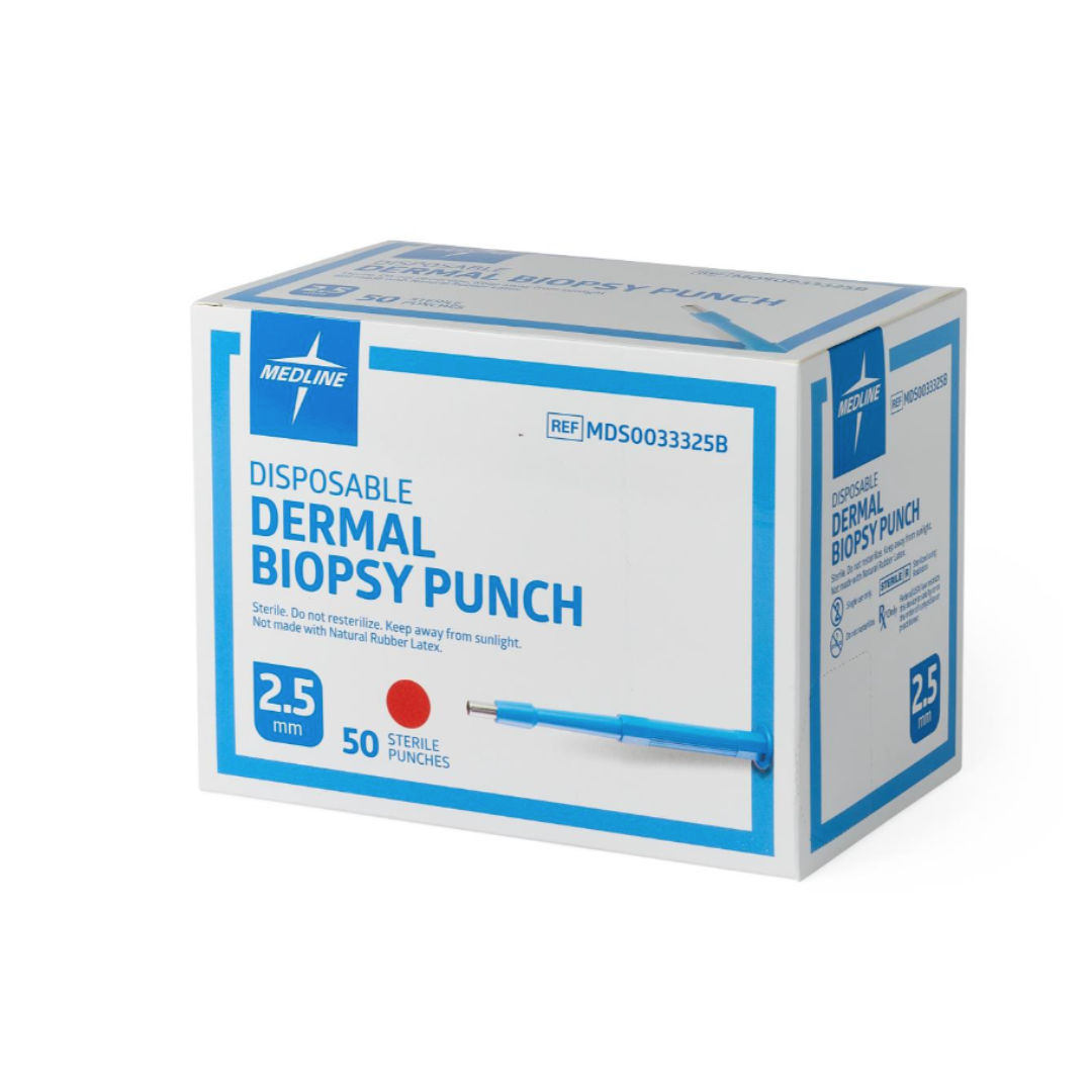 A box labeled Medline Sterile Biopsy Punches contains 50 sterile 2.5 mm instruments for precise tissue sampling. The white box with blue accents features product details and images of the biopsy punch tool.