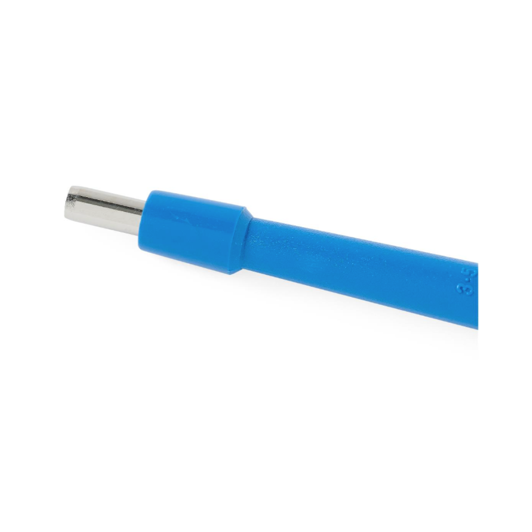 A close-up of Medline Sterile Biopsy Punches, featuring a blue grip and metal tube, isolated on white background, resembling the precision seen in biopsy and tissue sampling tools.