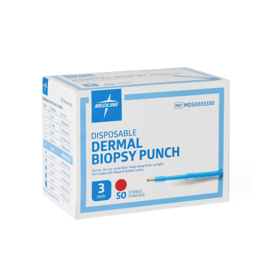 A box of Medline Sterile Biopsy Punches, 3mm, includes 50 sterile punches for reliable tissue sampling. The white and blue packaging displays an image of the biopsy instrument.