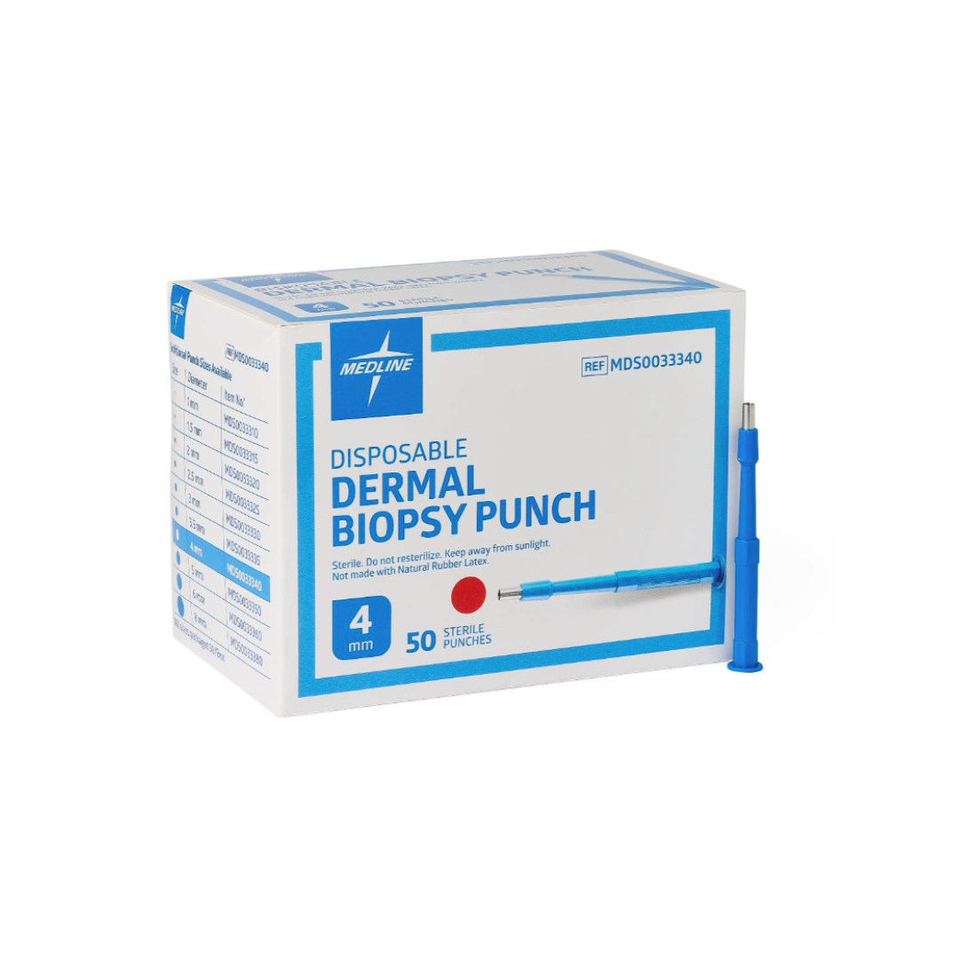 A box labeled Medline Sterile Biopsy Punches, 4 mm, contains 50 sterile punches for tissue sampling. A blue biopsy punch is shown beside the box, which features medical and product information on its packaging.