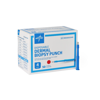 A box labeled Medline Sterile Biopsy Punches, 4 mm, contains 50 sterile punches for tissue sampling. A blue biopsy punch is shown beside the box, which features medical and product information on its packaging.