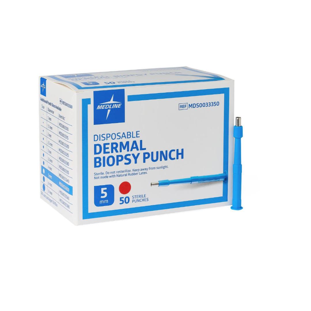 A box labeled Medline Sterile Biopsy Punches, 5 mm size, with 50 sterile punches beside a single upright blue biopsy tool—perfect for precise tissue sampling.