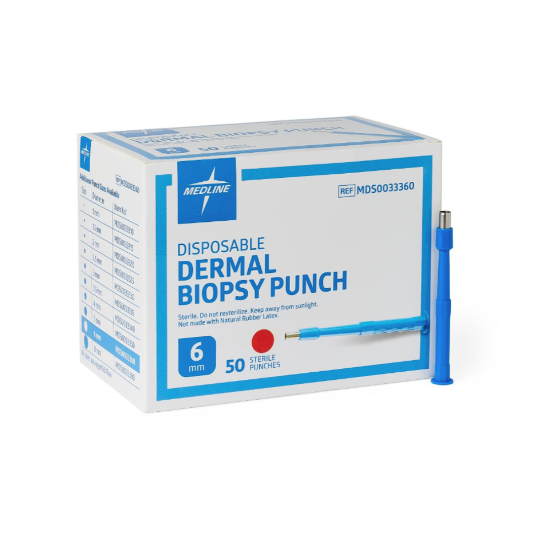 A box labeled Medline Sterile Biopsy Punches, 6mm, 50 count for accurate tissue sampling, with a single blue punch tool standing upright beside the box.
