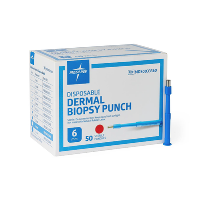 A box labeled Medline Sterile Biopsy Punches, 6mm, 50 count for accurate tissue sampling, with a single blue punch tool standing upright beside the box.