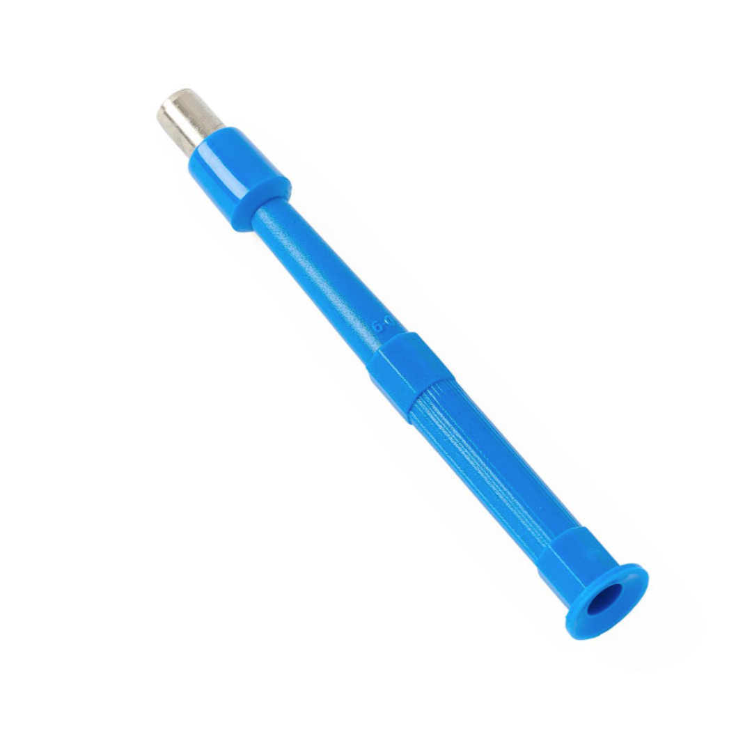 A Medline Sterile Biopsy Punch, featuring a blue plastic and metal spring-loaded design, is shown diagonally on a white background with its metal tip pointing to the top left.
