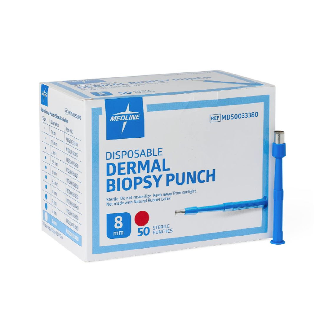 A box labeled Medline Sterile Biopsy Punches, 8 mm, holds 50 sterile punches with a blue instrument standing upright beside it. The box displays product details and tissue sampling instructions.