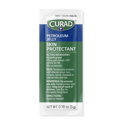 A single-use 0.18 oz (5g) packet of Medline CURAD Petroleum Jelly, featuring active ingredient, usage, warnings, and directions in white and green text on a green background—a versatile multi-use skin protectant.
