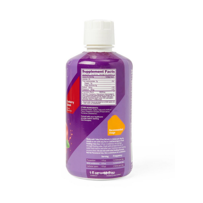 A purple Medline Cranberry+ Liquid Urinary Tract Dietary Supplement (30 oz) bottle with a white cap, showing the back label with supplement facts and directions in white text. Contains cranberry concentrate for urinary tract support.