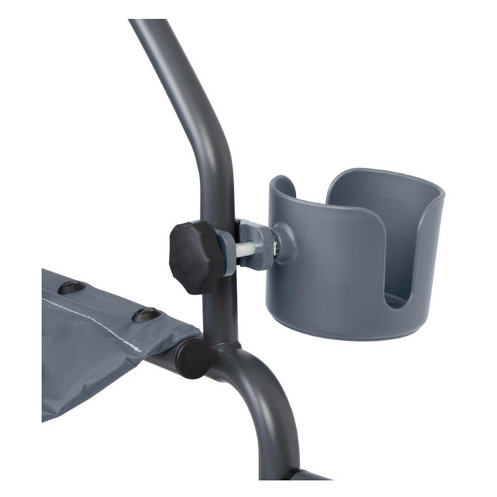 Close-up of a gray metal frame featuring a Medline Universal Cup Holder for Mobility Aids. The clamp-on drink holder attaches securely, with an adjustment knob and fabric secured by rivets. Made from durable plastic, it offers reliability. Background is white.