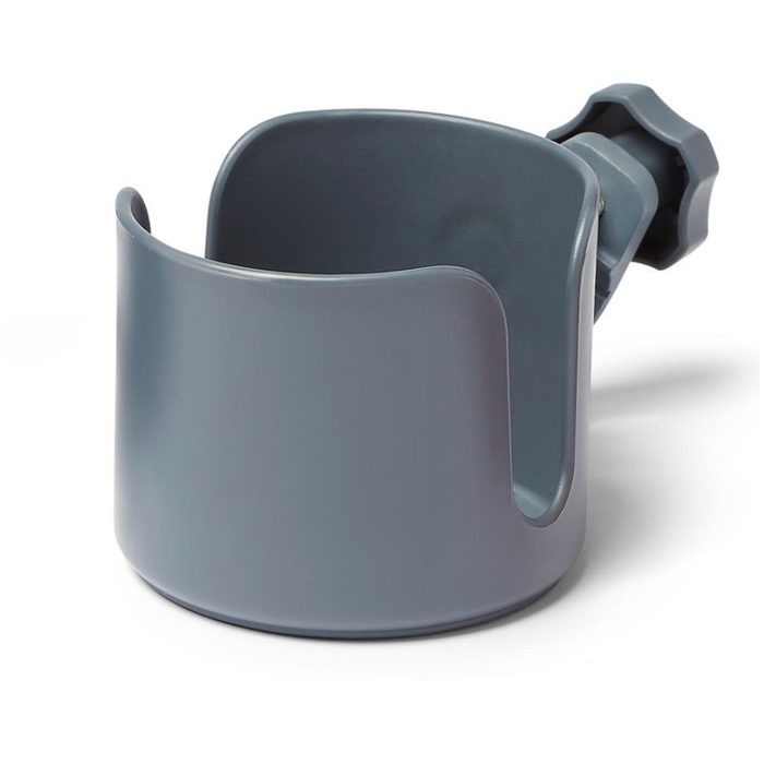 The Medline Universal Cup Holder for Mobility Aids is a robust gray plastic clamp-on drink holder with a wide mouth, secure back clamp, smooth rounded design, and a side cutout for easy access.
