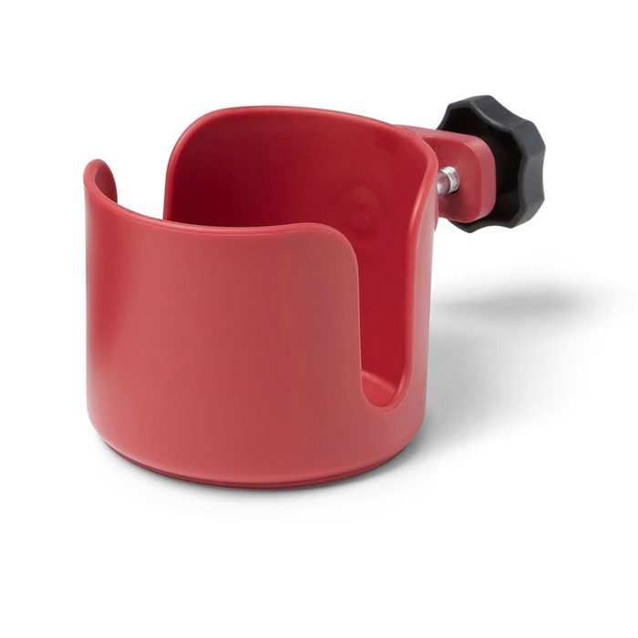 The Medline Universal Cup Holder for Mobility Aids is a red clamp-on drink holder with an open design and black adjustable clamp, ideal for wheelchairs. Its durable plastic construction ensures reliability and long-lasting use.
