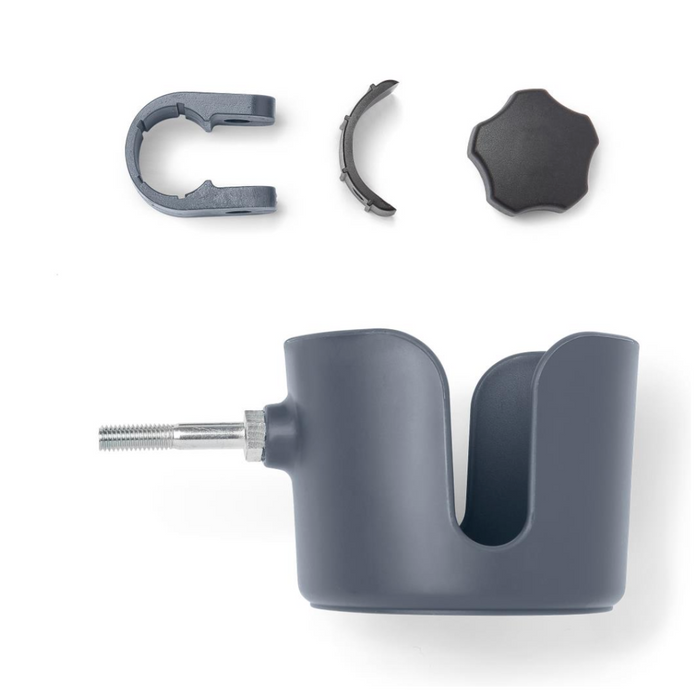 The Medline Universal Cup Holder for Mobility Aids, made from durable plastic, is shown on a white background. It includes a dark gray cup holder with a screw and three components: a clip, gray semicircular piece, and black hexagonal knob—perfect for wheelchairs, walkers, or rollators.