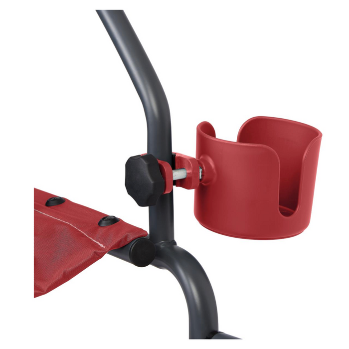 The Medline Universal Cup Holder for Mobility Aids is a clamp-on drink holder in striking red, attached to a black metal frame. Its ideal for wheelchairs and crafted from durable plastic with red fabric and elegant black buttons beneath the holder.