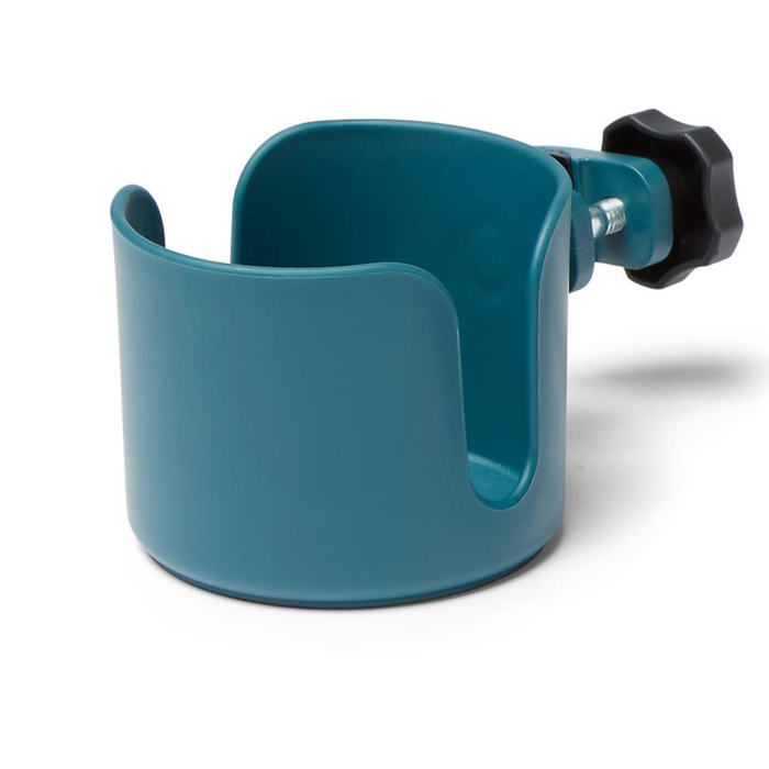 The Medline Universal Cup Holder for Mobility Aids is a teal clamp-on drink holder with an adjustable black knob, crafted from durable plastic. It features a rounded shape and smooth edges, ensuring secure attachment to various surfaces.