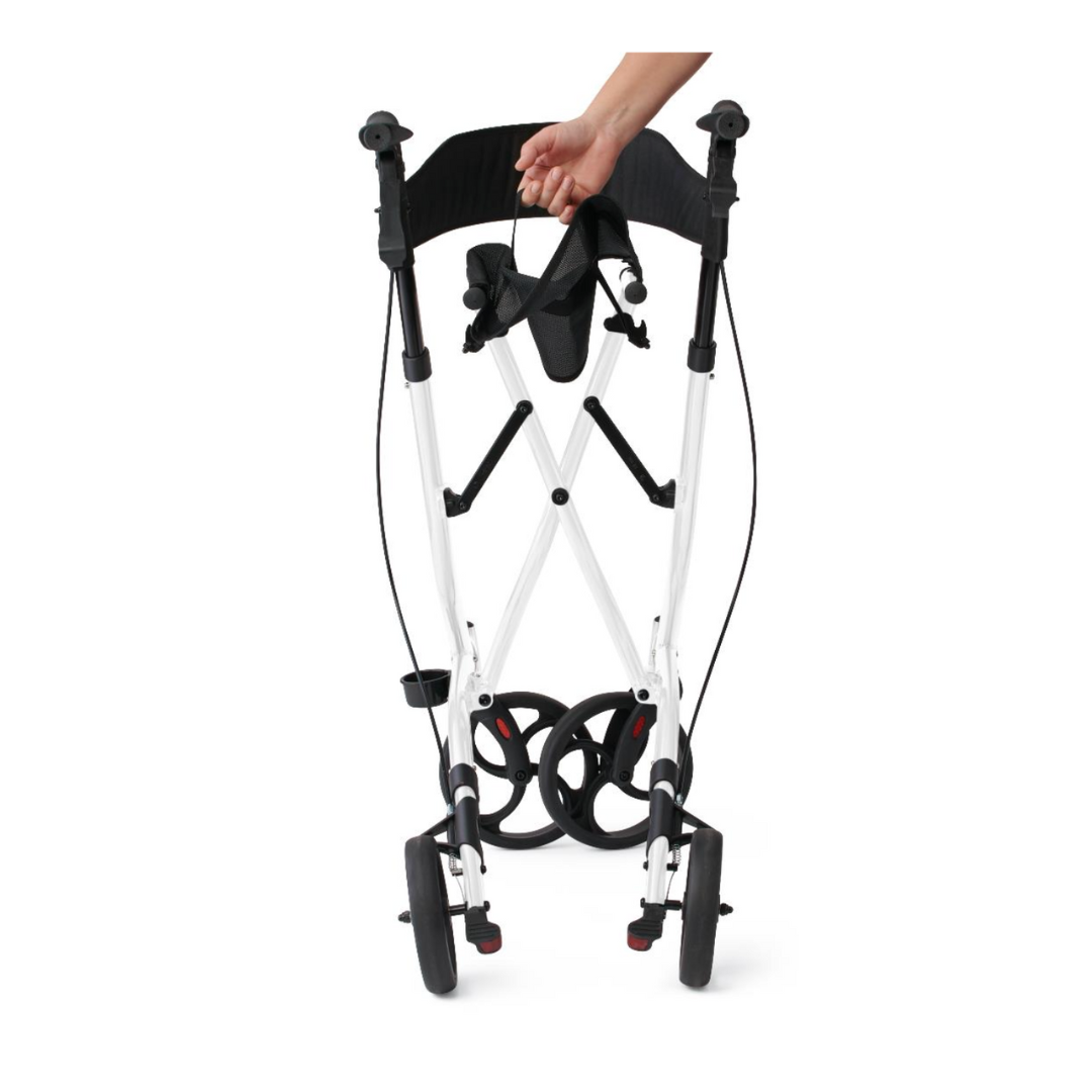 A hand holds the handle of a folded Medline European-Style Aluminum Ultralite Rollator, shown from the front against a white background.