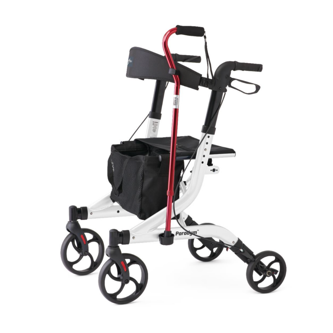 The Medline European-Style Aluminum Ultralite Rollator is a lightweight walker with four wheels, a black seat, storage bag, and red cane holder, combining mobility assistance with a modern European design.