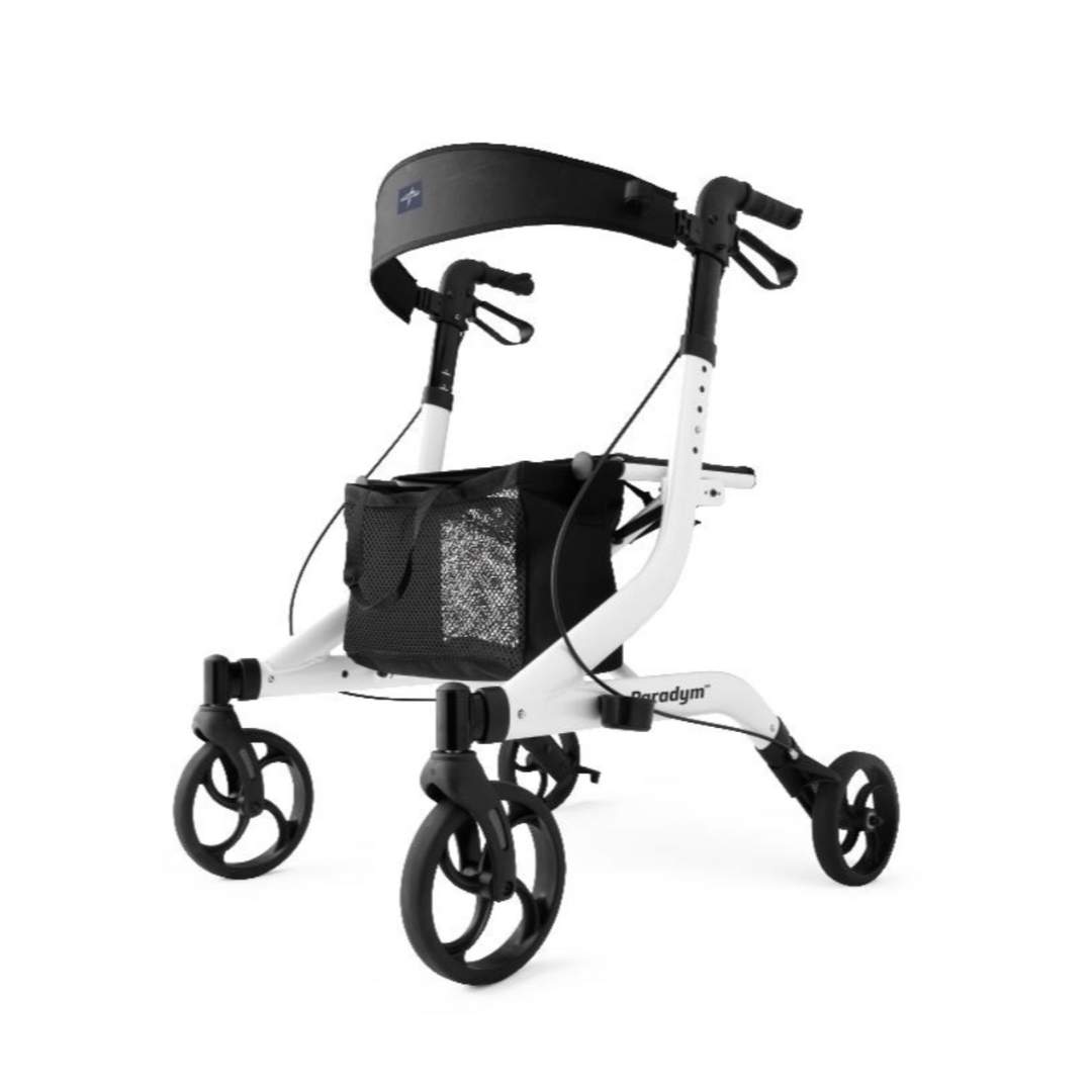 The Medline European-Style Aluminum Ultralite Rollator features four black wheels, ergonomic handles, a mesh storage pouch, and a curved backrest bar for modern mobility assistance in a lightweight design.