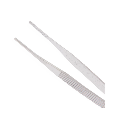 Two Medline Floor Grade Adson Tissue Forceps with textured grips are positioned parallel on a white background, highlighting their pointed tips and ridged handles.