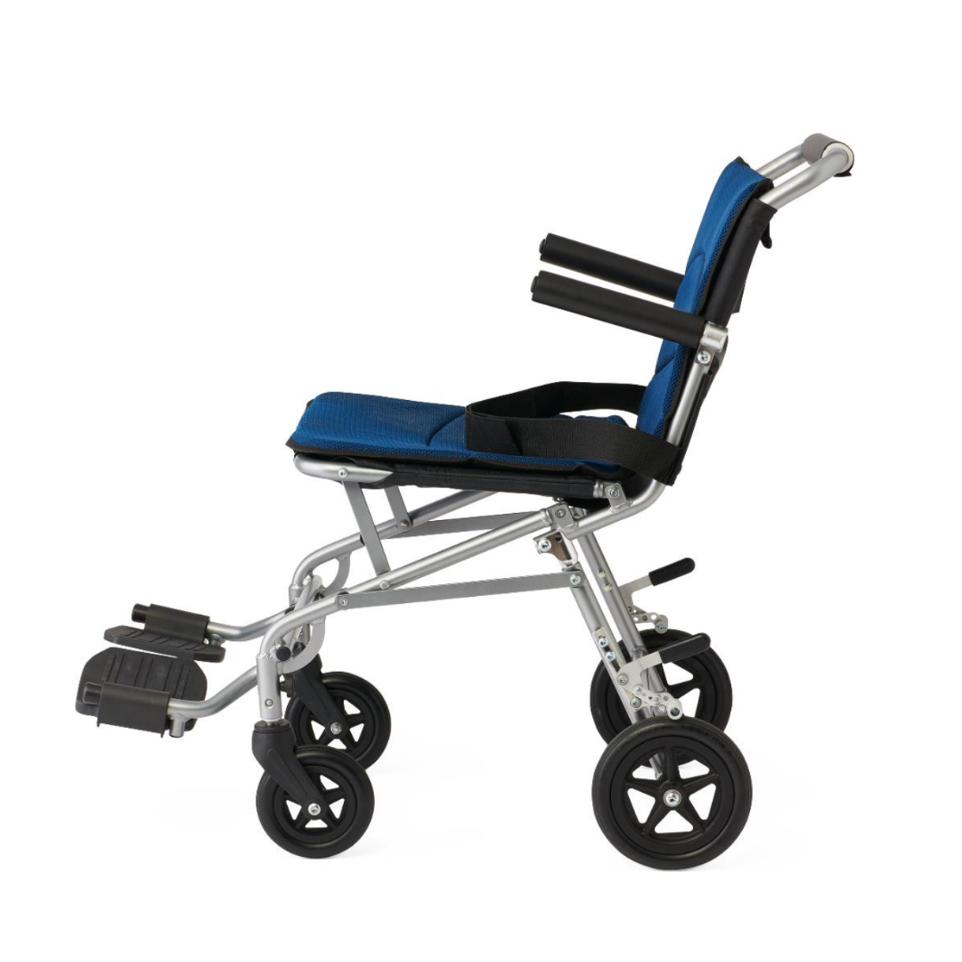 The Medline Fold-Flat Aluminum Transport Chair is a lightweight, compact wheelchair with a blue seat and backrest, black armrests and footrests, and four black wheels, shown in a side view on a white background.