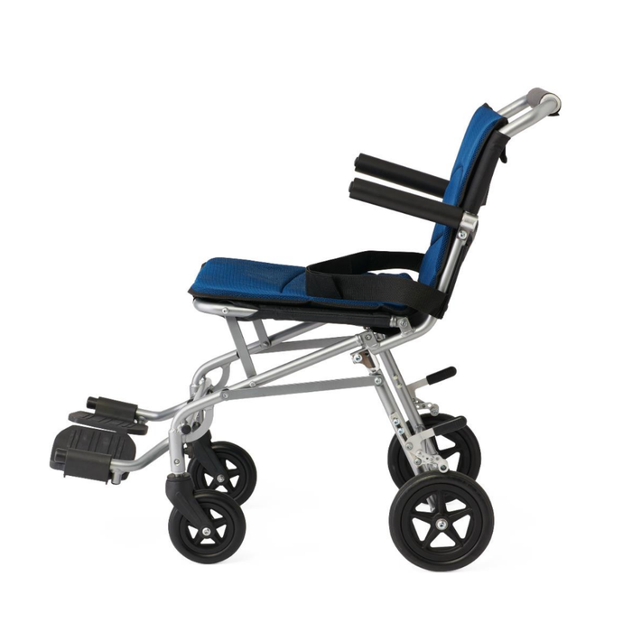 The Medline Fold-Flat Aluminum Transport Chair is a lightweight, compact wheelchair with a blue seat and backrest, black armrests and footrests, and four black wheels, shown in a side view on a white background.