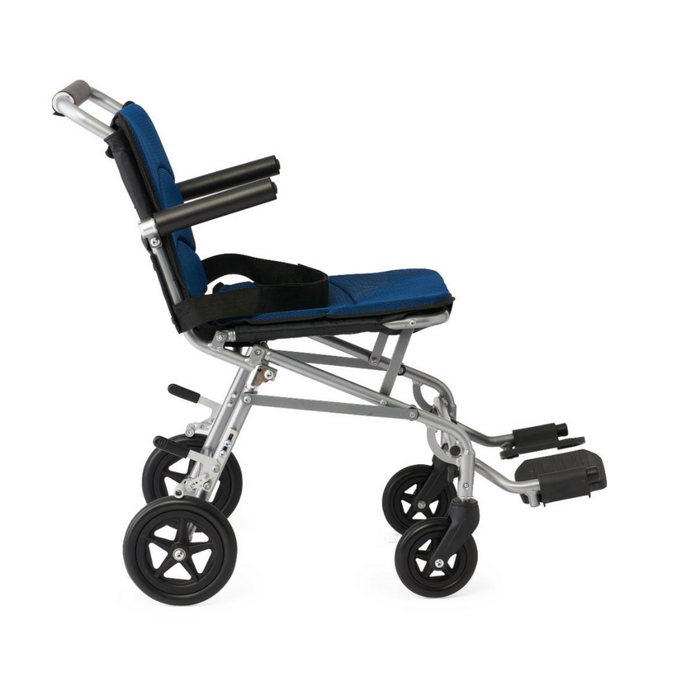The Medline Fold-Flat Aluminum Transport Chair features a blue seat and backrest, black armrests and footrests, four black wheels, and a fold-flat design for easy mobility. It is shown from the side on a white background.