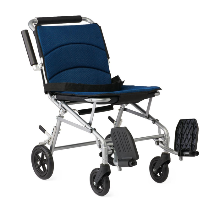 The Medline Fold-Flat Aluminum Transport Chair features enhanced mobility, a foldable silver frame, blue seat and backrest, black armrests and footrests, and four small wheels, shown against a white background.