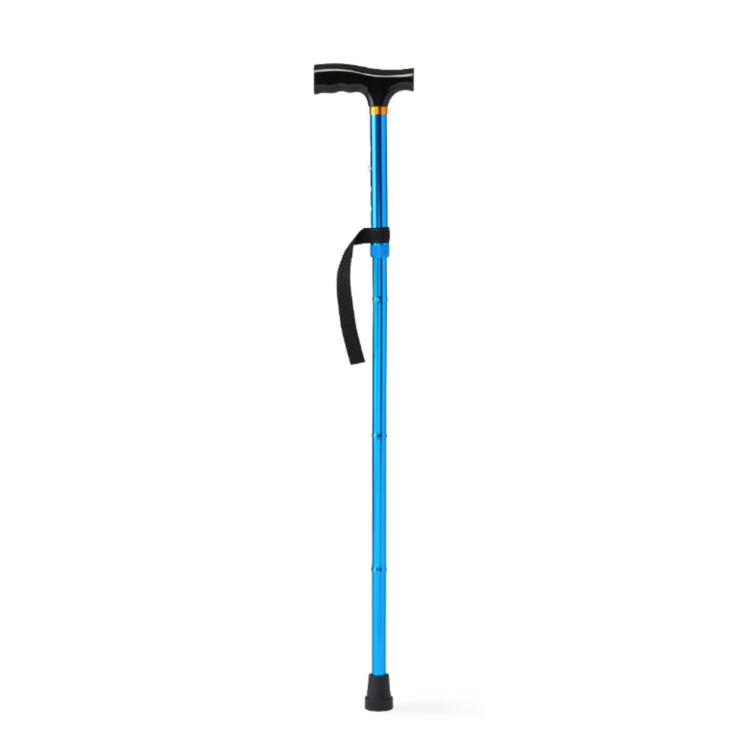 The Medline Aluminum Folding T-Handle Cane, featuring a blue adjustable height design, black ergonomic handle, wrist strap, and rubber tip, stands upright against a white background. Lightweight and stylish, it provides daily comfort and support.
