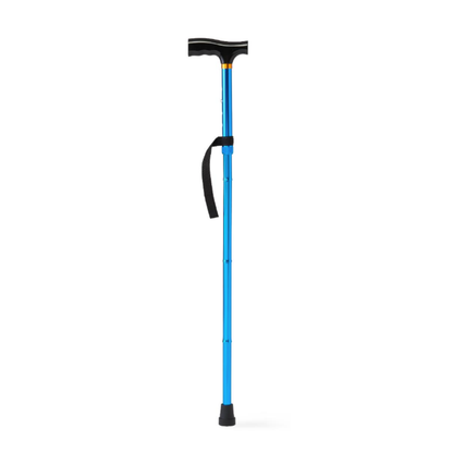 The Medline Aluminum Folding T-Handle Cane, featuring a blue adjustable height design, black ergonomic handle, wrist strap, and rubber tip, stands upright against a white background. Lightweight and stylish, it provides daily comfort and support.