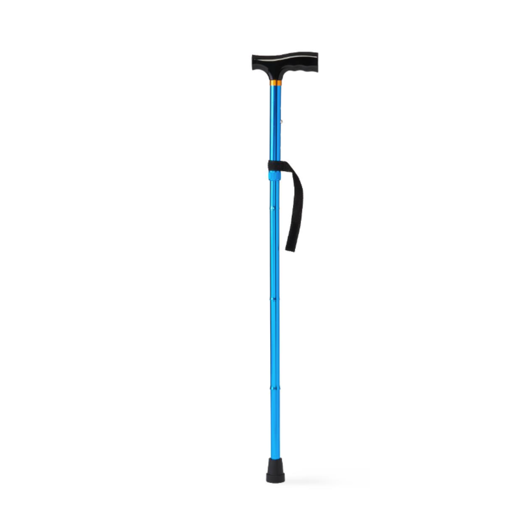 The Medline Aluminum Folding T-Handle Cane, in blue with a black ergonomic handle, wrist strap, and rubber tip, stands upright. Its adjustable height provides comfort and support for users of different statures.