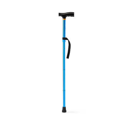 The Medline Aluminum Folding T-Handle Cane, in blue with a black ergonomic handle, wrist strap, and rubber tip, stands upright. Its adjustable height provides comfort and support for users of different statures.