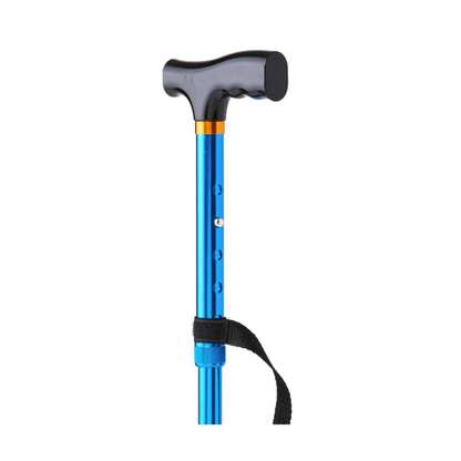 The Medline Aluminum Folding T-Handle Cane, shown in blue with an ergonomic black handle, orange trim, and an attached black wrist strap, is displayed against a white background.