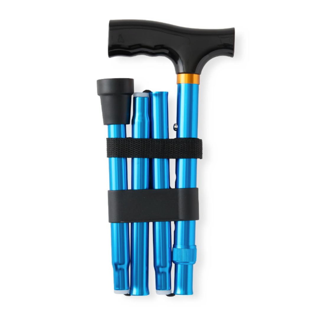 The Medline Aluminum Folding T-Handle Cane is lightweight, features a blue shaft with a black ergonomic handle, and folds compactly, secured by two black straps.
