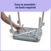 A hand assembles the Medline Knockdown Portable Shower Chair with Padded Armrests on a light blue seat. Text above reads, Easy to assemble—no tools required. The chair features four legs with rubber tips and a durable, height-adjustable seat.
