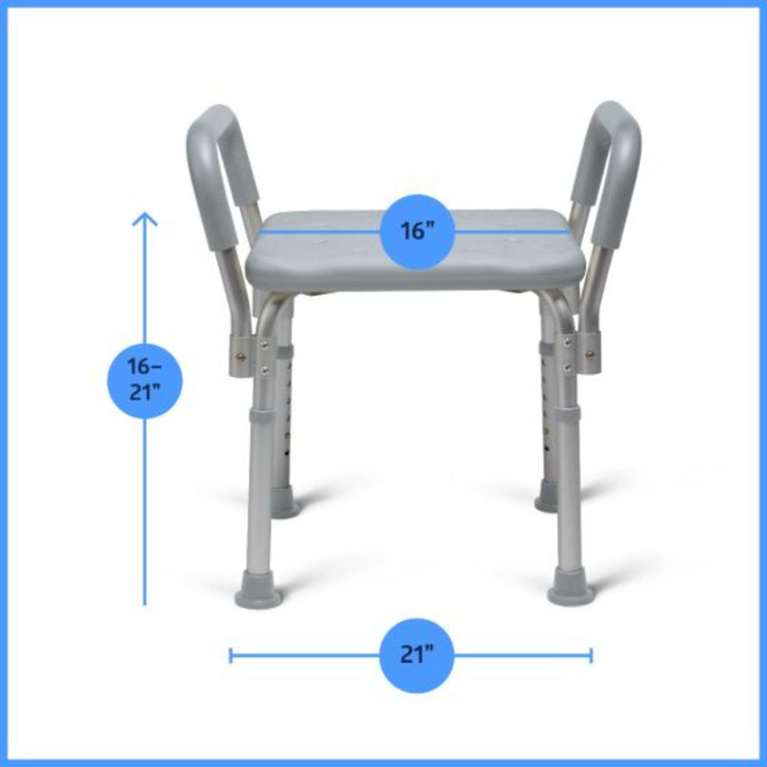 The Medline Knockdown Portable Shower Chair in gray offers a 16-inch wide seat, adjustable from 16 to 21 inches in height, with a 21-inch leg base. It includes padded armrests and a supportive backrest for added stability and versatility.